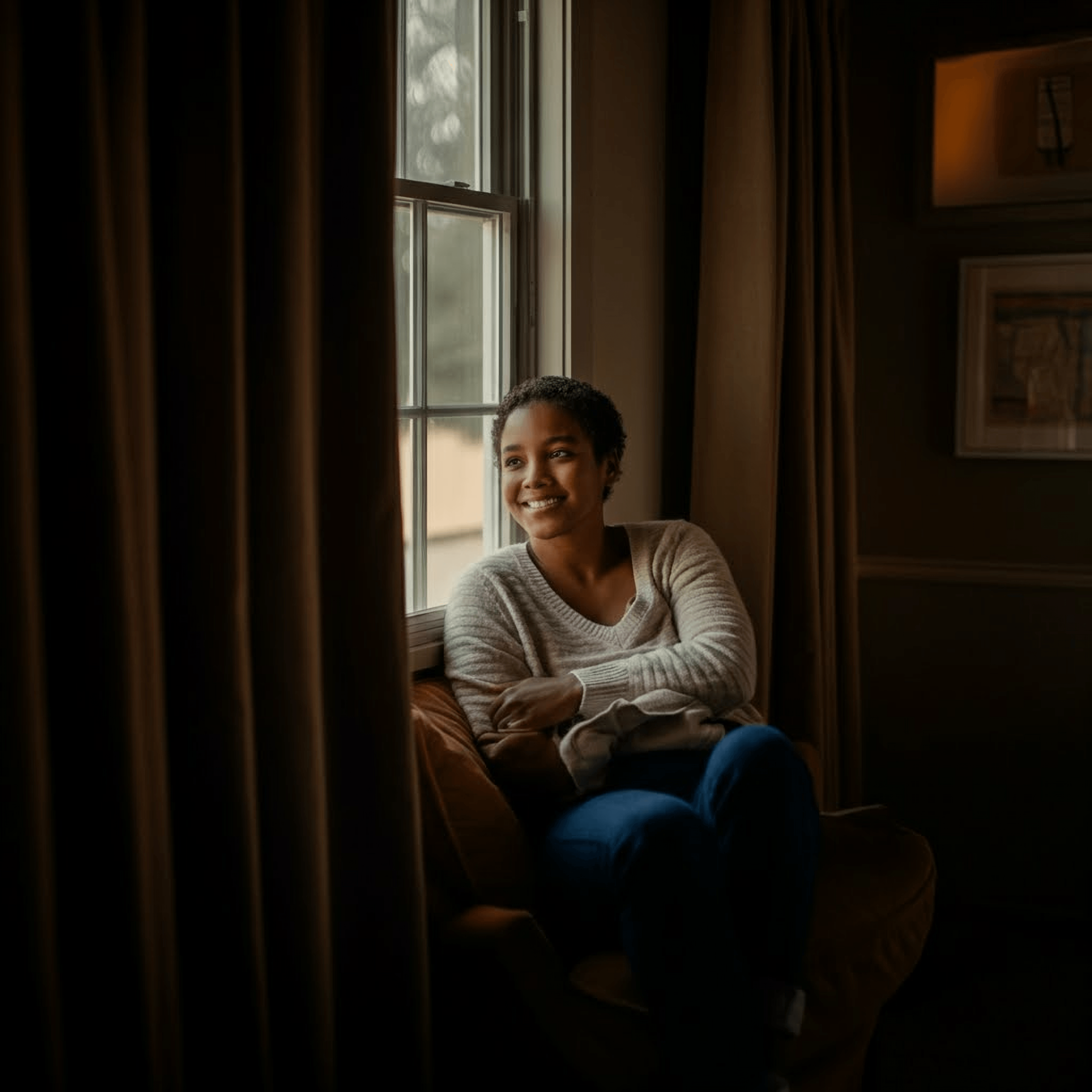 Woman sitting at a window with a book in her hand.